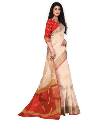 Cream woven cotton saree with blouse 4