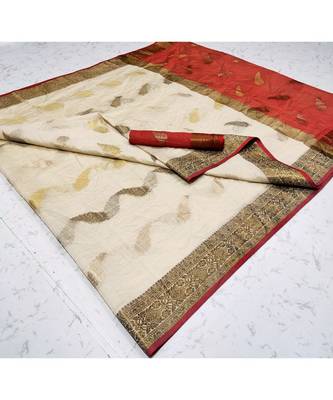Cream woven cotton saree with blouse 5