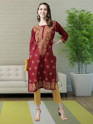 Ada Women's Hand Embroidered Maroon Straight Cotton Lucknowi Chikankari Kurta - A188266 1