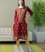 Ada Women's Hand Embroidered Maroon Straight Cotton Lucknowi Chikankari Kurta - A188266