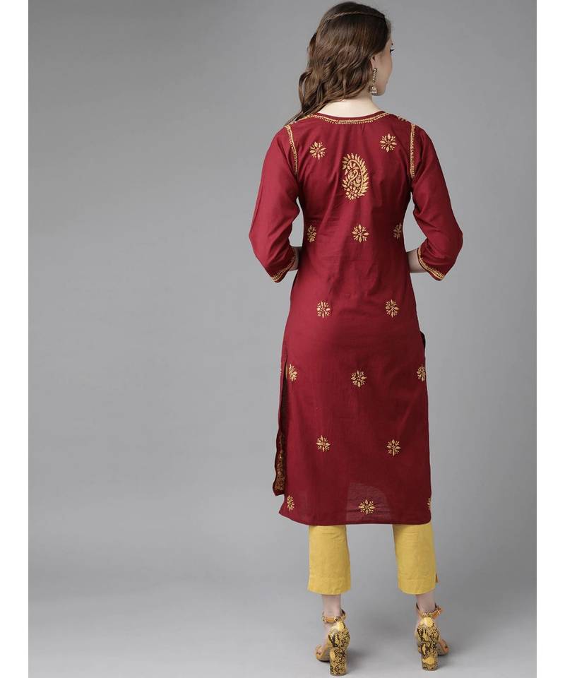 Ada Women's Hand Embroidered Maroon Straight Cotton Lucknowi Chikankari Kurta - A188266