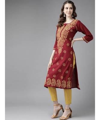 Ada Women's Hand Embroidered Maroon Straight Cotton Lucknowi Chikankari Kurta - A188266 3