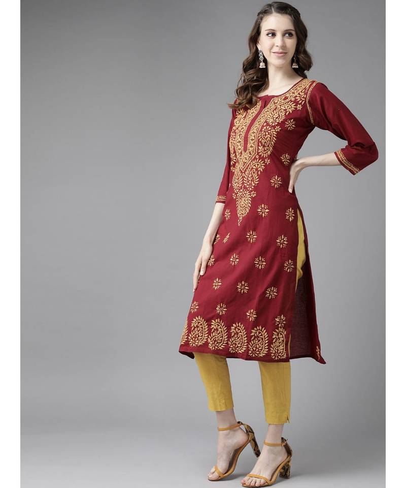 Ada Women's Hand Embroidered Maroon Straight Cotton Lucknowi Chikankari Kurta - A188266