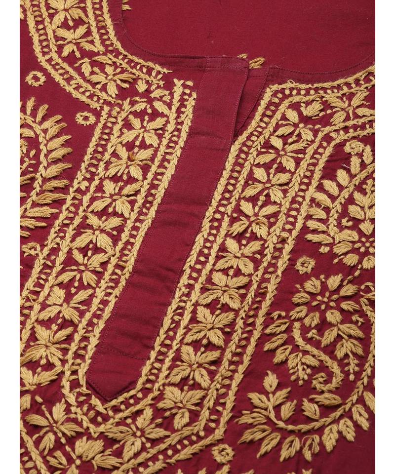 Ada Women's Hand Embroidered Maroon Straight Cotton Lucknowi Chikankari Kurta - A188266