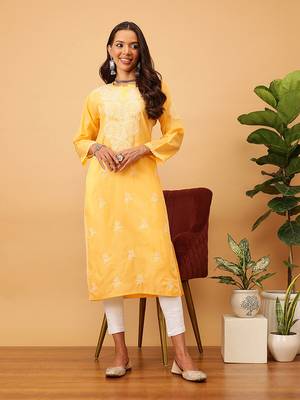 Hand Embroidered Mango Yellow Cotton Lucknow Chikankari Women Kurta 1