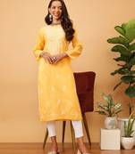 Hand Embroidered Mango Yellow Cotton Lucknow Chikankari Women Kurta
