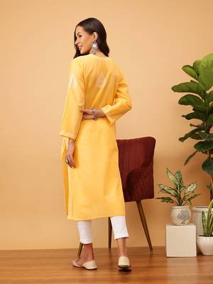 Hand Embroidered Mango Yellow Cotton Lucknow Chikankari Women Kurta 2