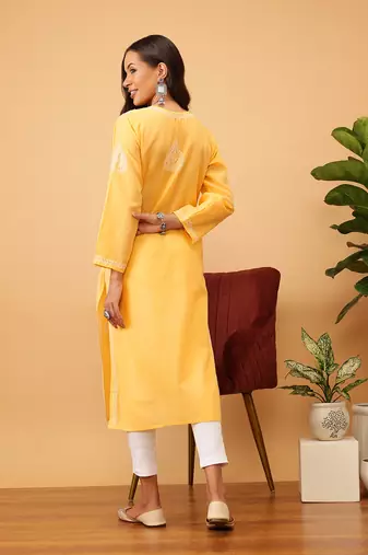 Hand Embroidered Mango Yellow Cotton Lucknow Chikankari Women Kurta