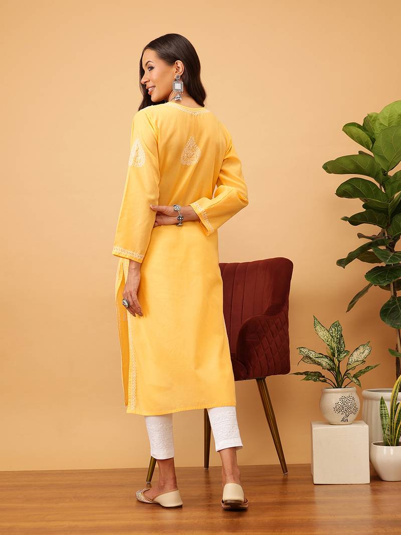 Hand Embroidered Mango Yellow Cotton Lucknow Chikankari Women Kurta
