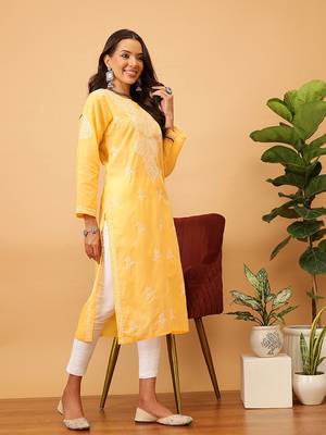 Hand Embroidered Mango Yellow Cotton Lucknow Chikankari Women Kurta 3