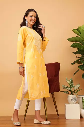 Hand Embroidered Mango Yellow Cotton Lucknow Chikankari Women Kurta