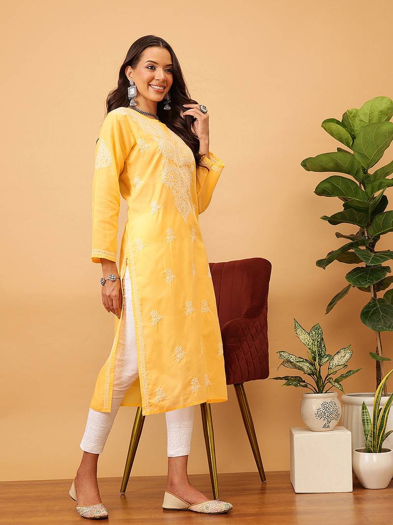 Hand Embroidered Mango Yellow Cotton Lucknow Chikankari Women Kurta