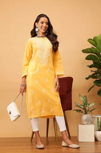 Hand Embroidered Mango Yellow Cotton Lucknow Chikankari Women Kurta