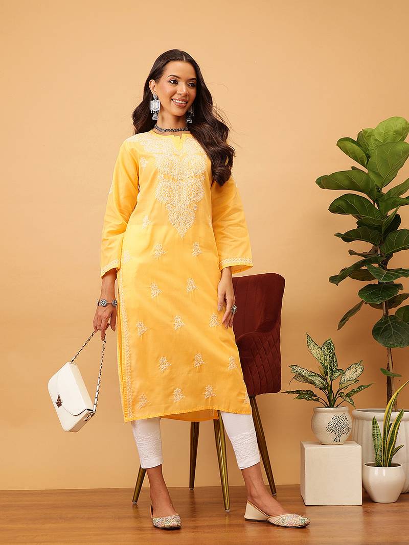 Hand Embroidered Mango Yellow Cotton Lucknow Chikankari Women Kurta