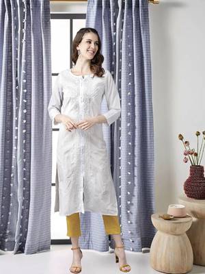 Women'S Hand Embroidered White Straight Cotton Lucknow Chikankari Kurta 1