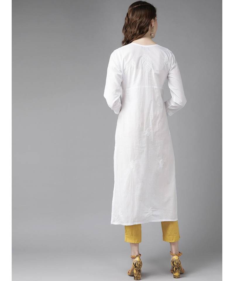 Women'S Hand Embroidered White Straight Cotton Lucknow Chikankari Kurta
