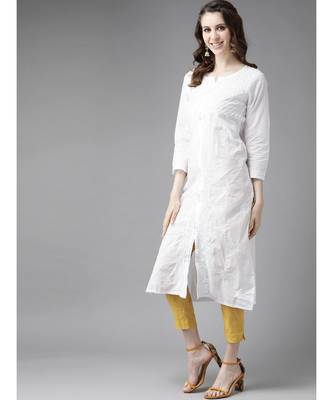 Women'S Hand Embroidered White Straight Cotton Lucknow Chikankari Kurta 3