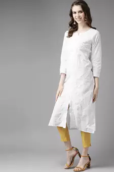 Women'S Hand Embroidered White Straight Cotton Lucknow Chikankari Kurta