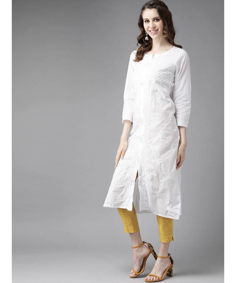 Women'S Hand Embroidered White Straight Cotton Lucknow Chikankari Kurta