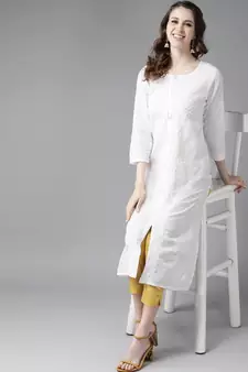 Women'S Hand Embroidered White Straight Cotton Lucknow Chikankari Kurta