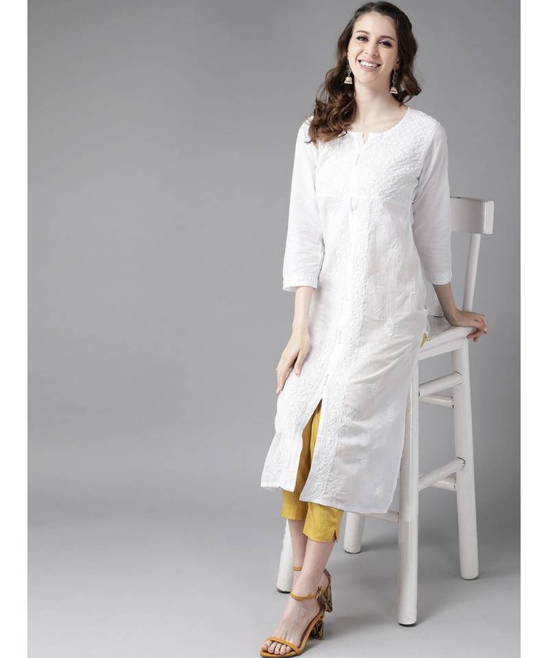 Women'S Hand Embroidered White Straight Cotton Lucknow Chikankari Kurta