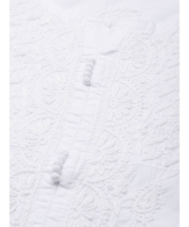 Women'S Hand Embroidered White Straight Cotton Lucknow Chikankari Kurta