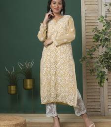 Women'S Hand Embroidered Fawn Straight Georgette Lucknow Chikankari Kurta With Slip