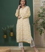 Women'S Hand Embroidered Fawn Straight Georgette Lucknow Chikankari Kurta With Slip
