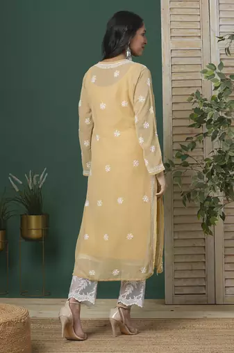 Women'S Hand Embroidered Fawn Straight Georgette Lucknow Chikankari Kurta With Slip
