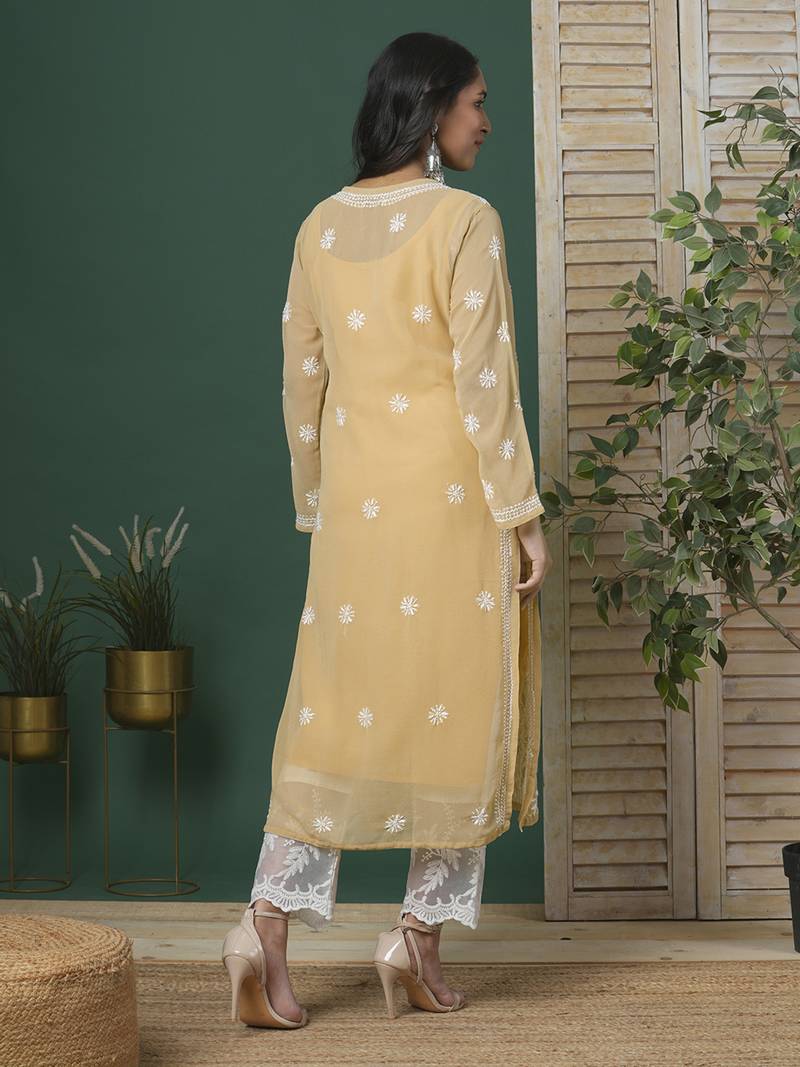 Women'S Hand Embroidered Fawn Straight Georgette Lucknow Chikankari Kurta With Slip