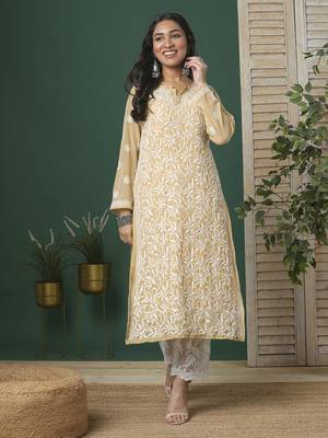 Women'S Hand Embroidered Fawn Straight Georgette Lucknow Chikankari Kurta With Slip 4