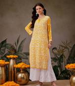Women'S Hand Embroidered Yellow Georgette Lucknow Chikankari Straight Kurta With Slip