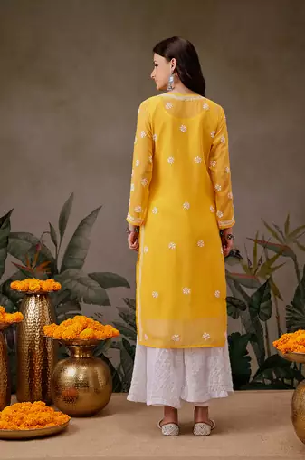 Women'S Hand Embroidered Yellow Georgette Lucknow Chikankari Straight Kurta With Slip