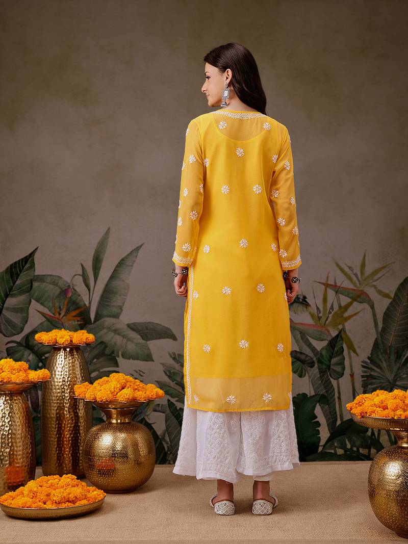 Women'S Hand Embroidered Yellow Georgette Lucknow Chikankari Straight Kurta With Slip