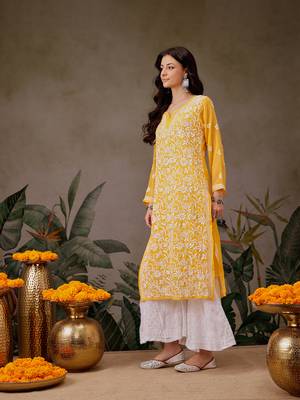 Women'S Hand Embroidered Yellow Georgette Lucknow Chikankari Straight Kurta With Slip 4