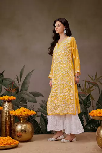 Women'S Hand Embroidered Yellow Georgette Lucknow Chikankari Straight Kurta With Slip