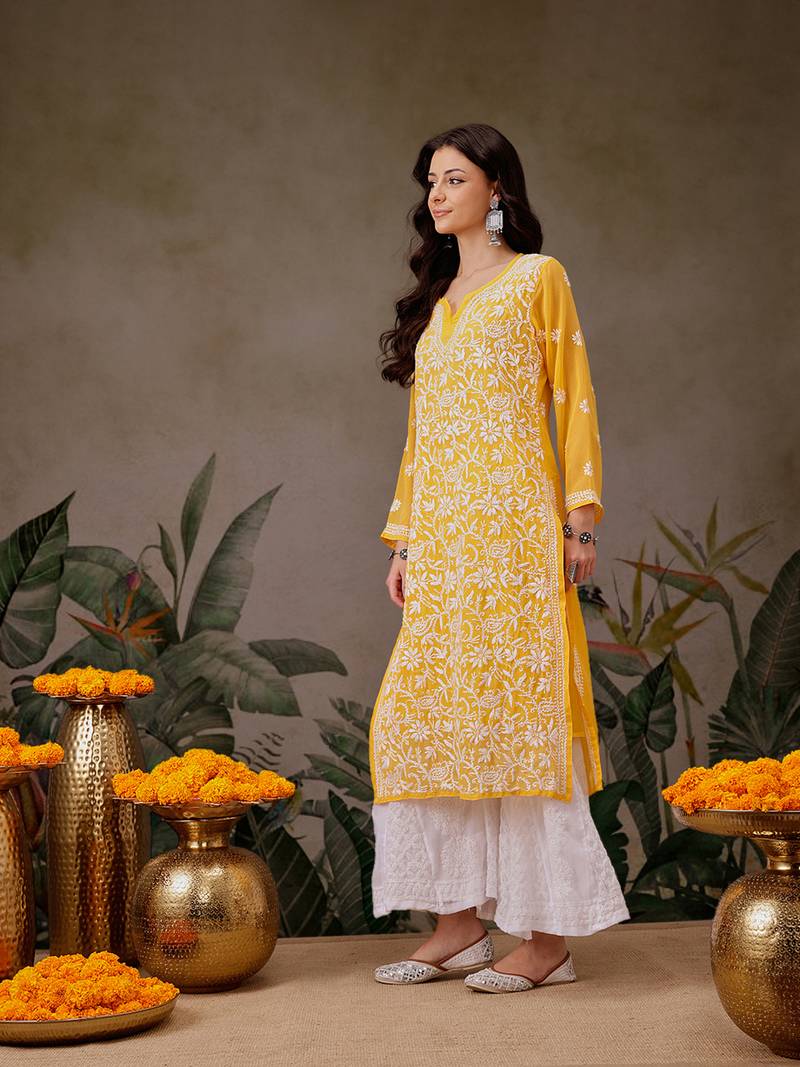Women'S Hand Embroidered Yellow Georgette Lucknow Chikankari Straight Kurta With Slip