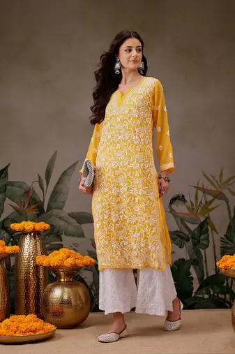 Women'S Hand Embroidered Yellow Georgette Lucknow Chikankari Straight Kurta With Slip