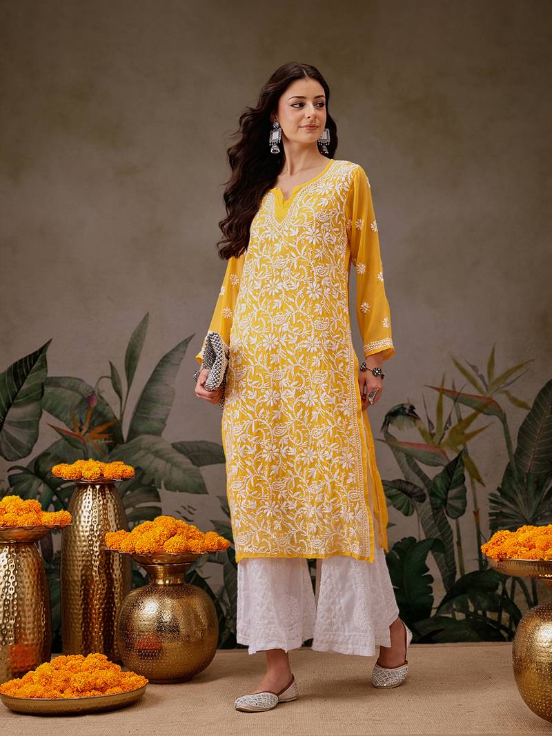 Women'S Hand Embroidered Yellow Georgette Lucknow Chikankari Straight Kurta With Slip