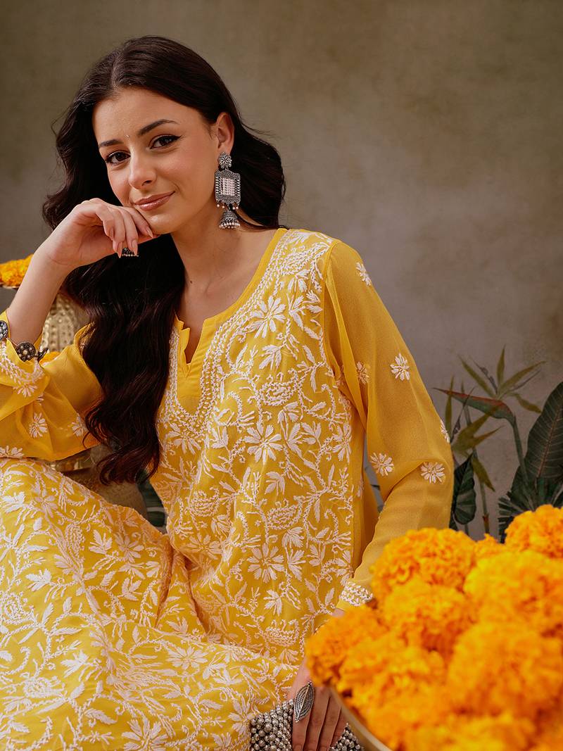 Women'S Hand Embroidered Yellow Georgette Lucknow Chikankari Straight Kurta With Slip