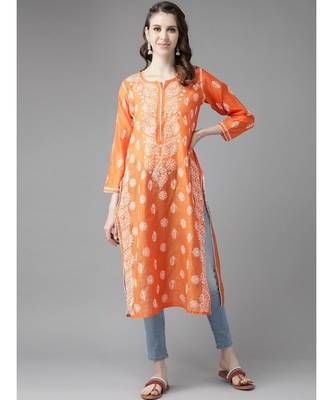 Ada Hand Embroidered Orange Chanderi Lucknow Chikankari Women Kurta - A411177 1