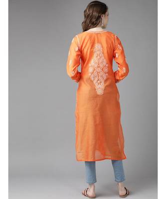 Ada Hand Embroidered Orange Chanderi Lucknow Chikankari Women Kurta - A411177 2