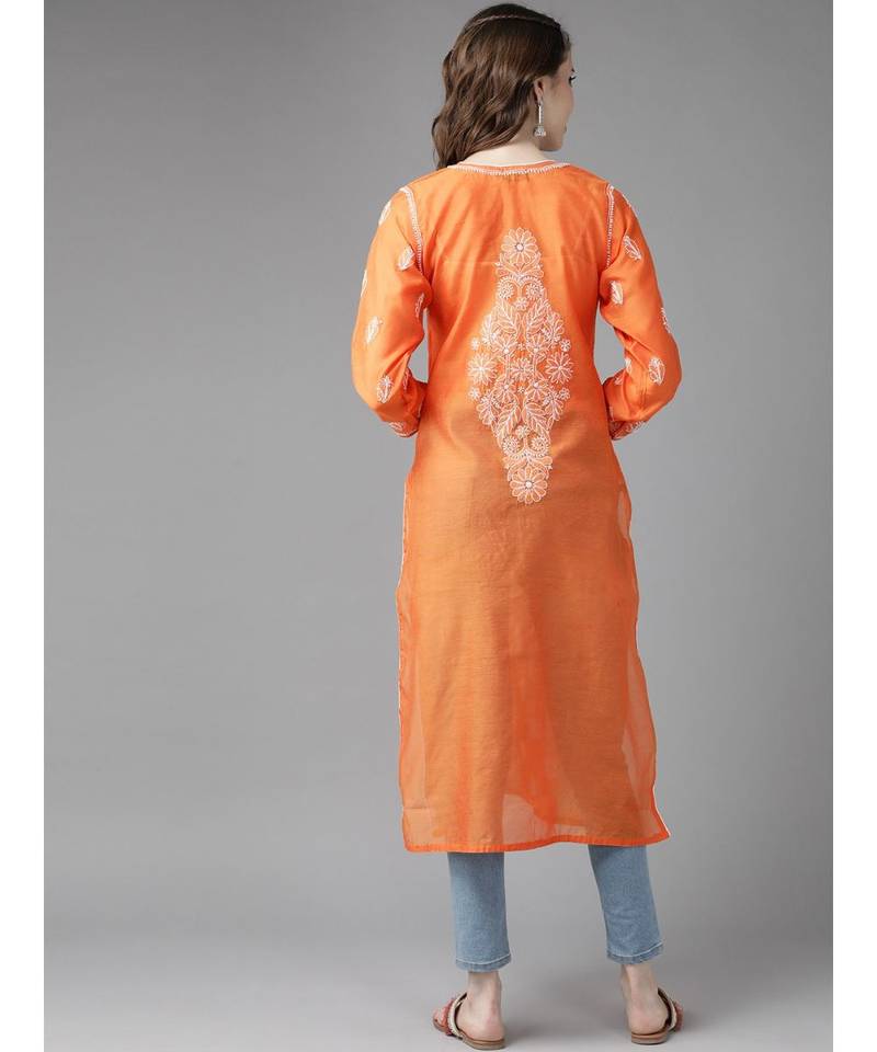 Ada Hand Embroidered Orange Chanderi Lucknow Chikankari Women Kurta - A411177