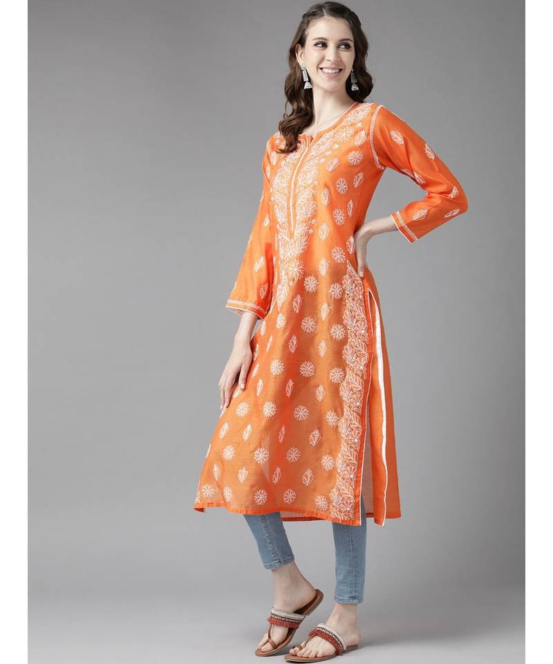 Ada Hand Embroidered Orange Chanderi Lucknow Chikankari Women Kurta - A411177