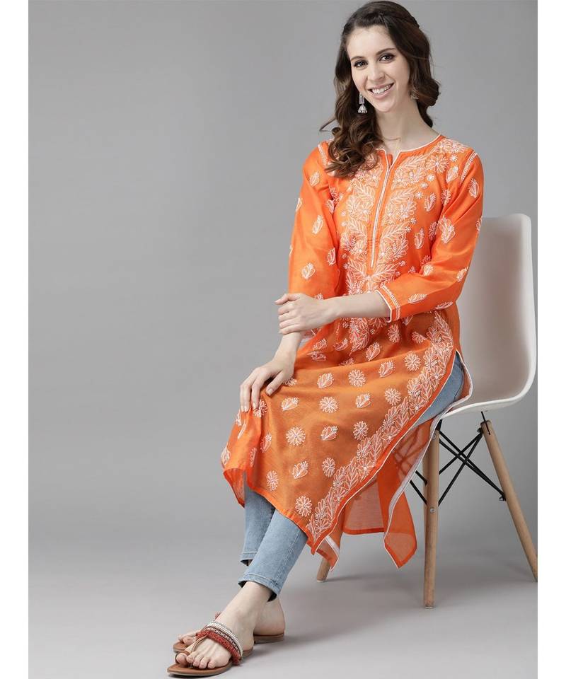 Ada Hand Embroidered Orange Chanderi Lucknow Chikankari Women Kurta - A411177