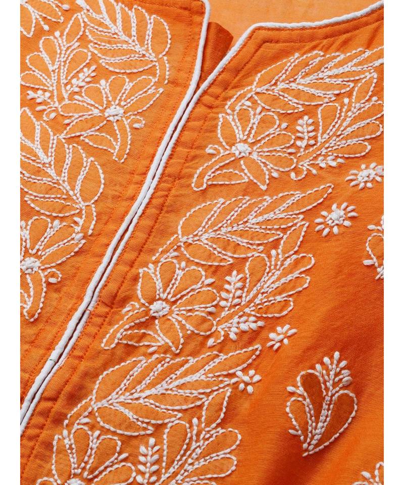 Ada Hand Embroidered Orange Chanderi Lucknow Chikankari Women Kurta - A411177
