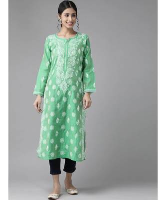 Hand Embroidered Green Chanderi Lucknow Chikankari Women Kurta 1