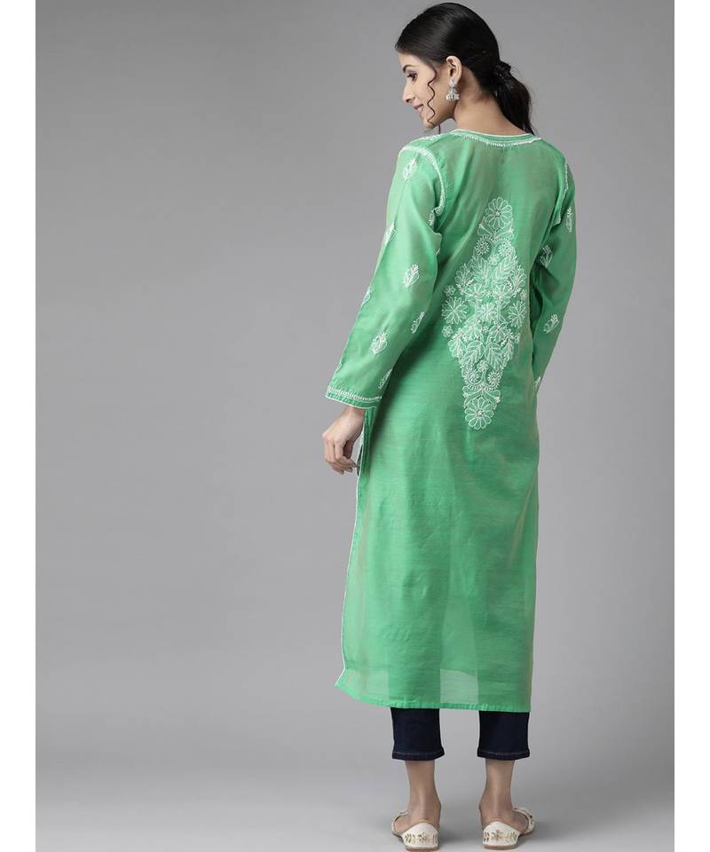 Hand Embroidered Green Chanderi Lucknow Chikankari Women Kurta