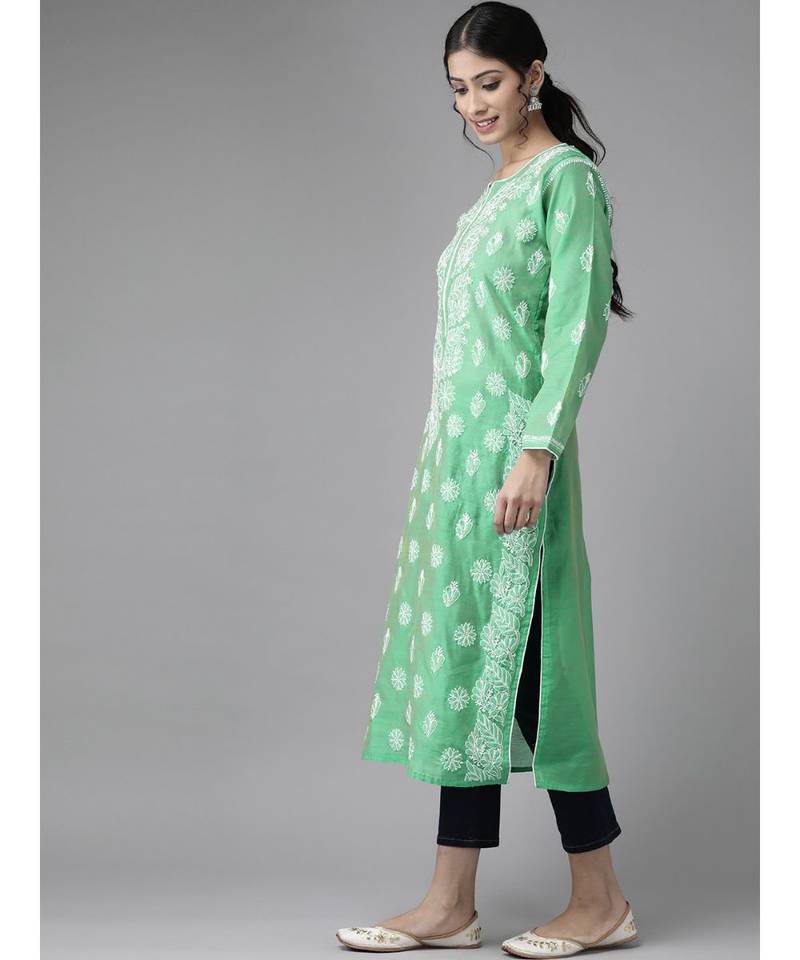 Hand Embroidered Green Chanderi Lucknow Chikankari Women Kurta