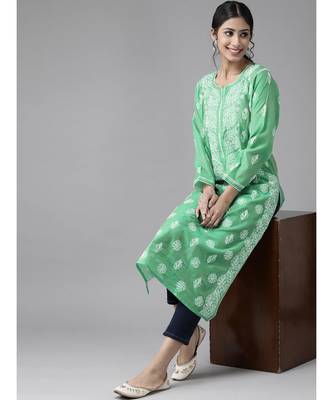 Hand Embroidered Green Chanderi Lucknow Chikankari Women Kurta 4